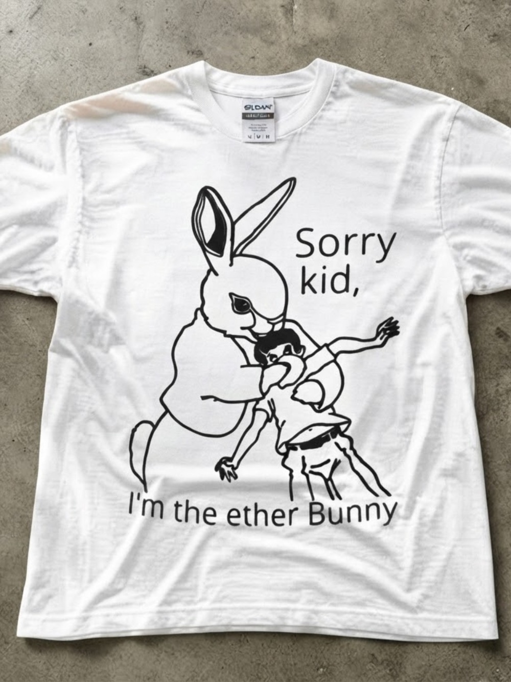 Gildan White Graphic Tee with Black Ether Bunny Illustration